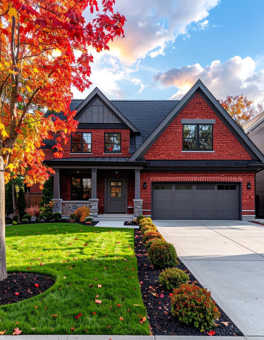 Red Brick Paired with Soft Gray Tones - 30 Red Brick Exterior Home Ideas for a Classic Appeal