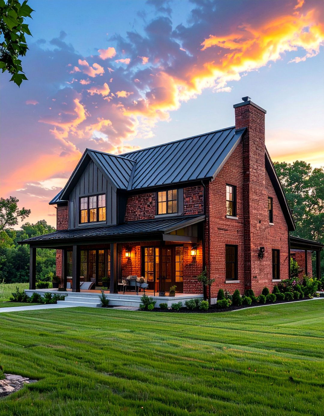 Red Brick Paired with a Metal Roof - 30 Red Brick Exterior Home Ideas for a Classic Appeal
