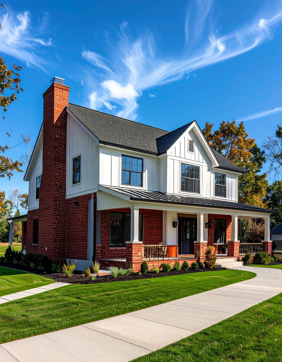 Red Brick and Board and Batten Siding - 30 Red Brick Exterior Home Ideas for a Classic Appeal