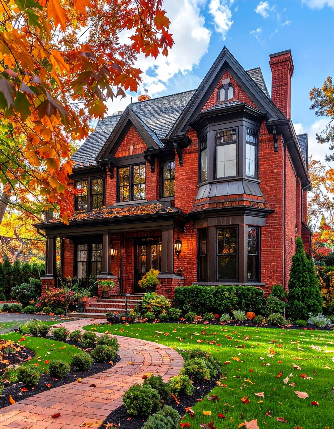 Red Brick and Dark Bronze Gutters and Fixtures - 30 Red Brick Exterior Home Ideas for a Classic Appeal