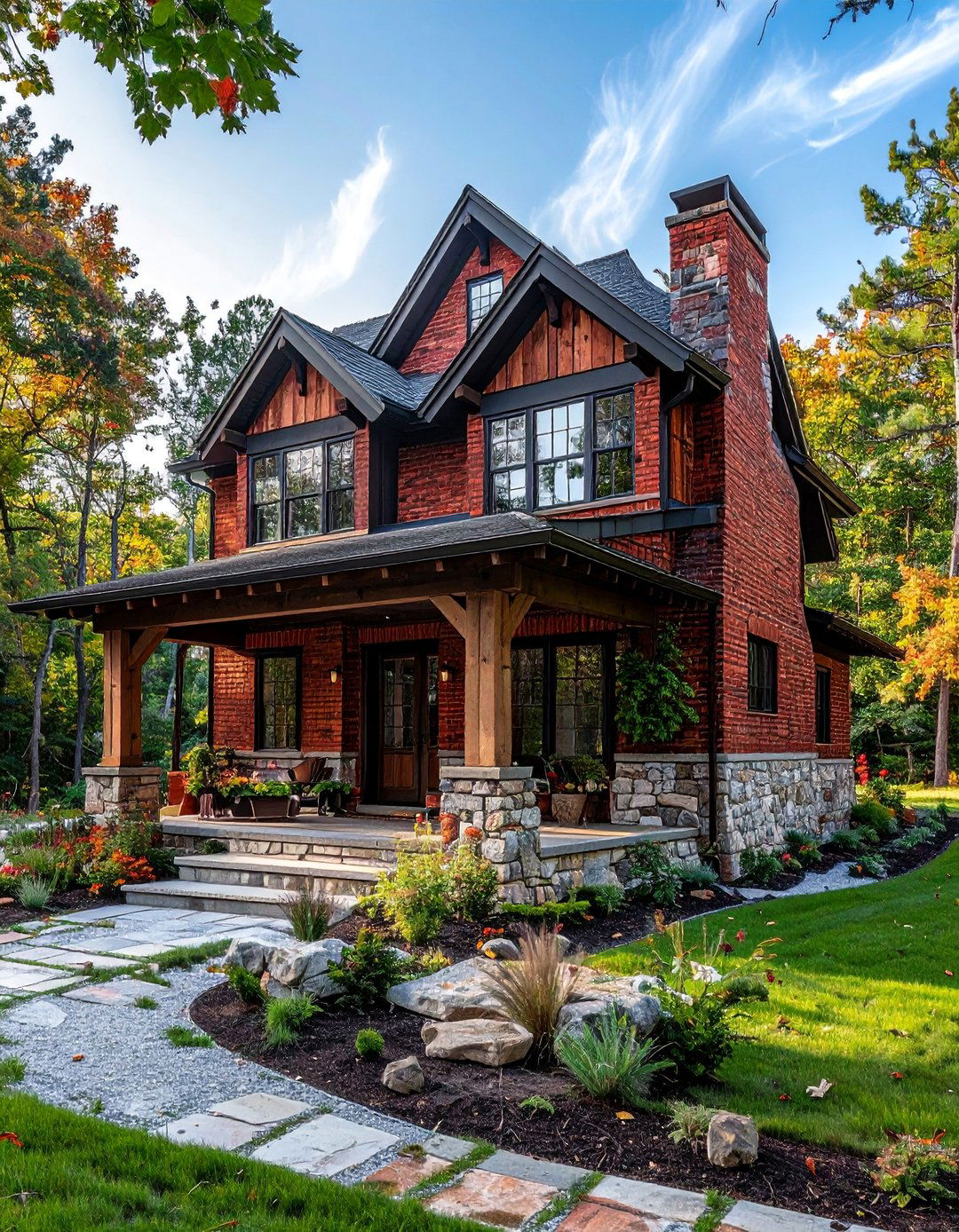 Red Brick and Natural Stone Accents - 30 Red Brick Exterior Home Ideas for a Classic Appeal