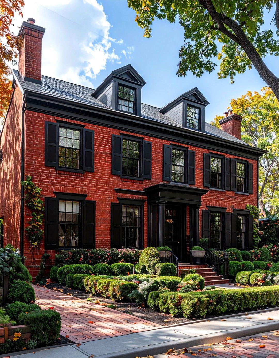 Red Brick with Bold Black Shutters and Trim - 30 Red Brick Exterior Home Ideas for a Classic Appeal