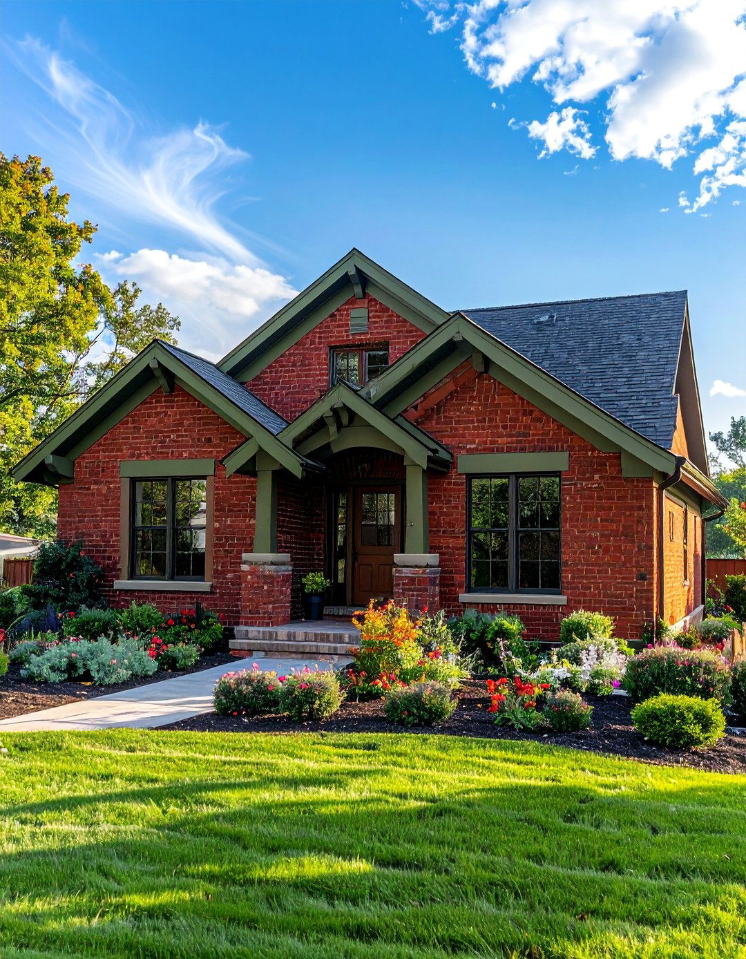 Red Brick with Olive Green Accents - 30 Red Brick Exterior Home Ideas for a Classic Appeal