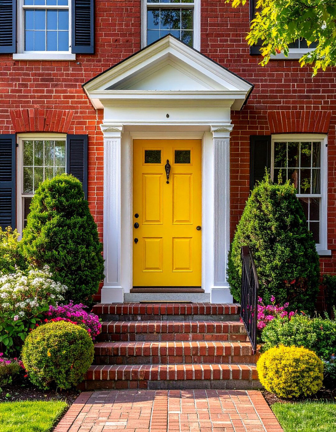 Red Brick with a Bold Colorful Front Door - 30 Red Brick Exterior Home Ideas for a Classic Appeal