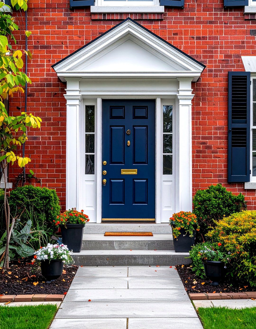 Red Brick with a Dark Navy Blue Front Door - 30 Red Brick Exterior Home Ideas for a Classic Appeal