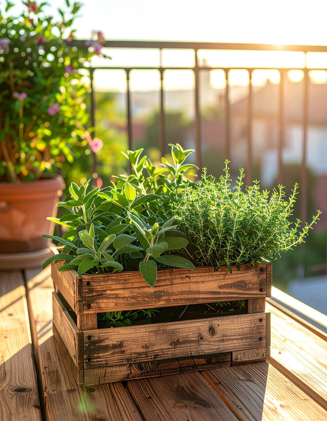 Repurposed Wooden Crate Balcony Herb Garden - 20 Balcony Herb Garden Ideas for Fresh Flavors at Home