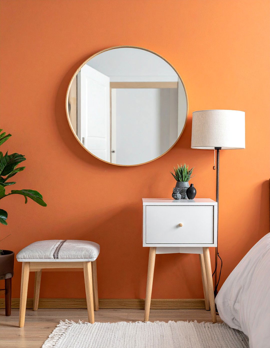 Round Mirror Minimalist Serenity - 15 Mirror Behind Nightstand Design Ideas for Style