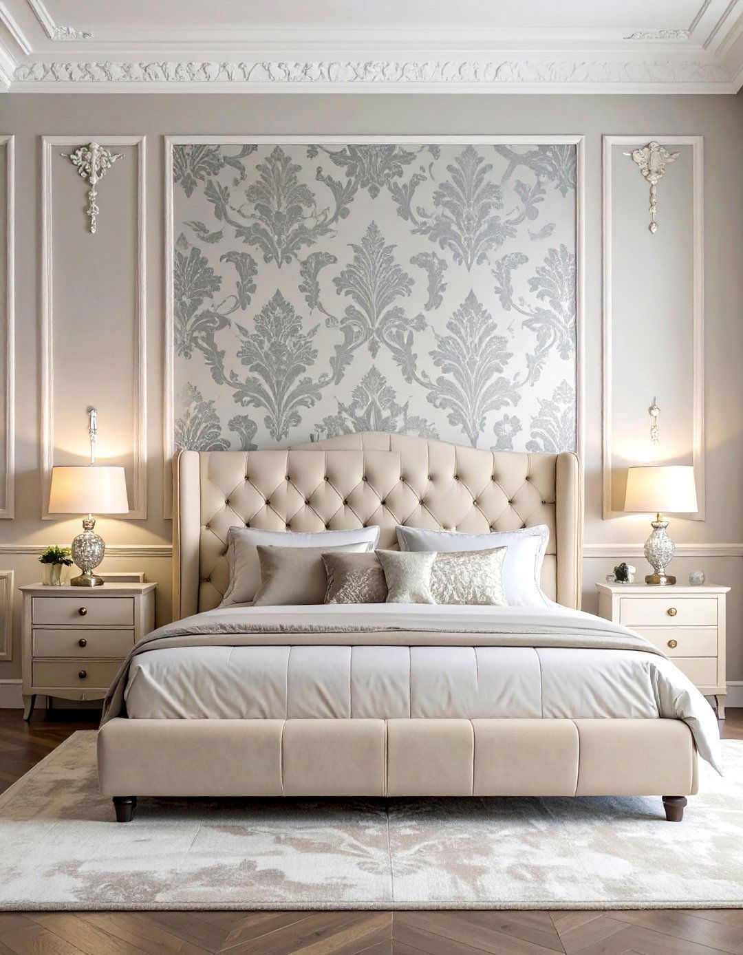 Royal Bedroom Adorned with Damask Wallpaper - 20 Royal Bedroom Ideas for a Luxurious Sleep Space