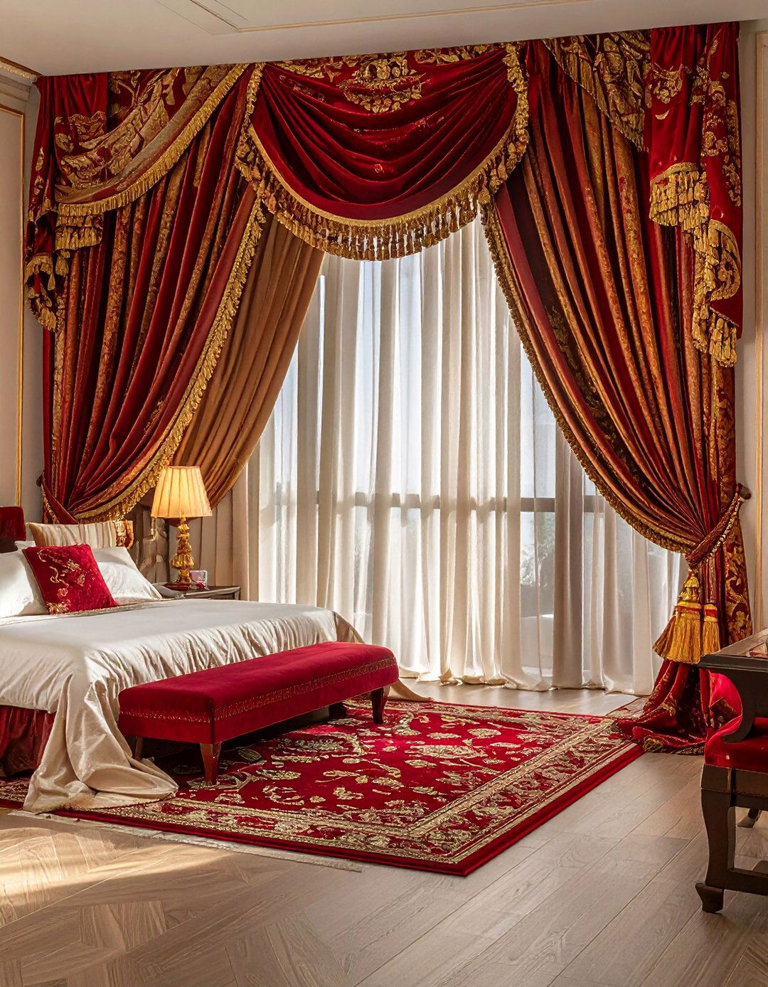 Royal Bedroom Featuring Heavy Brocade Curtains - 20 Royal Bedroom Ideas for a Luxurious Sleep Space