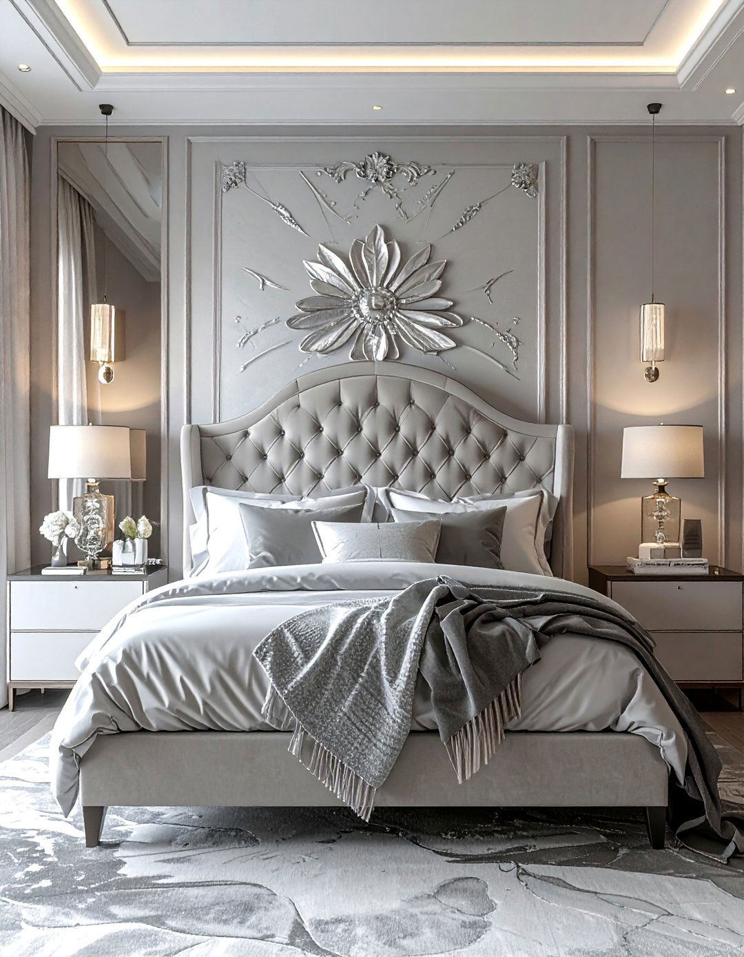 Royal Bedroom Using Silver Leaf Detailing - 20 Royal Bedroom Ideas for a Luxurious Sleep Space