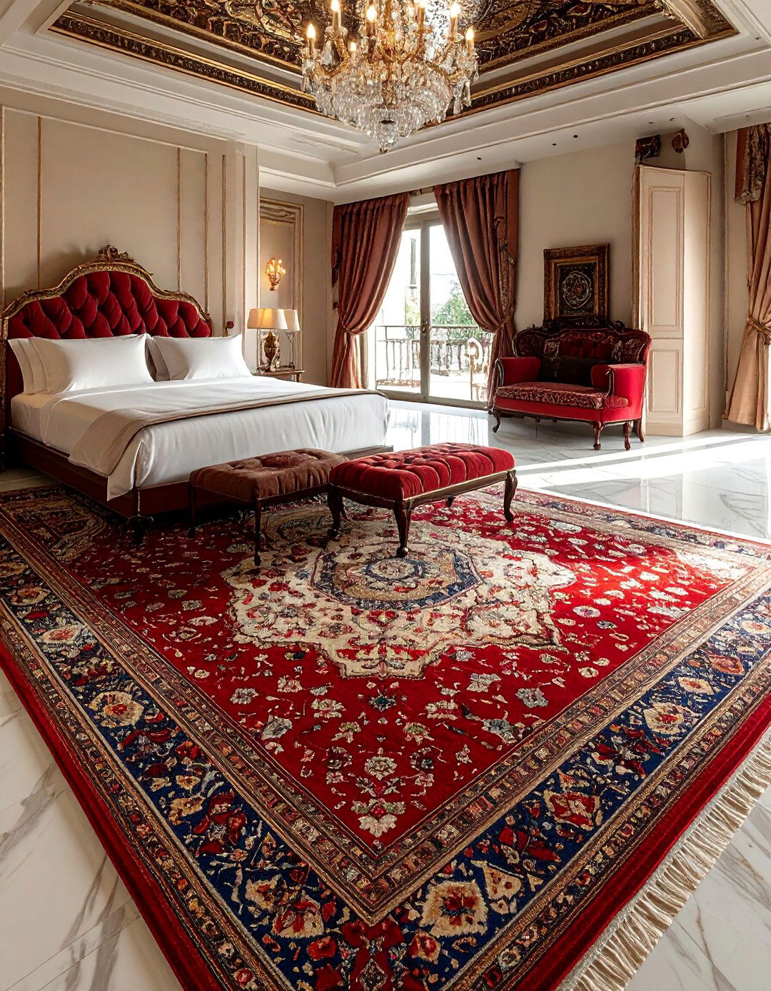 Royal Bedroom with Layered Persian Rugs - 20 Royal Bedroom Ideas for a Luxurious Sleep Space