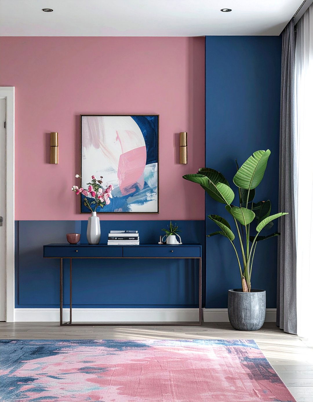 Royal Blue Accent Wall in a Dusty Pink Living Room - 15 Pink and Blue Living Room Ideas for a Cozy Vibe