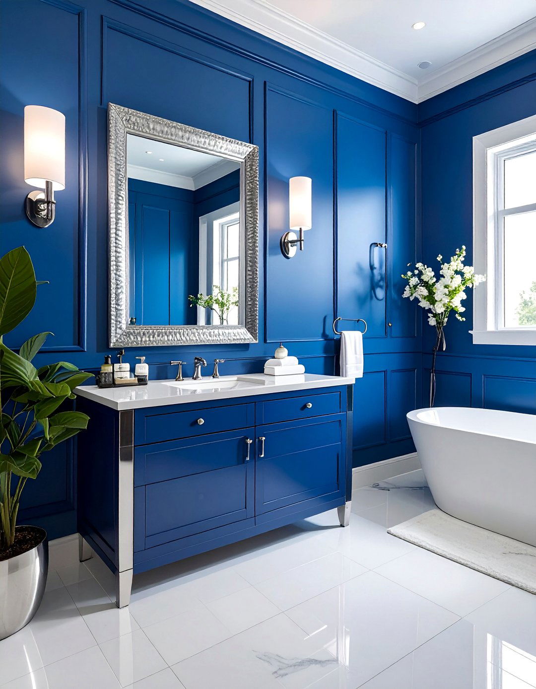 Royal Blue Powder Room with Silver Fixtures - 20 Blue Powder Room Ideas for a Fresh and Serene Space