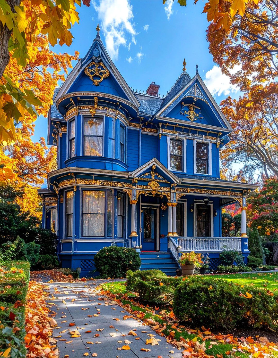 Royal Blue Victorian House with Gold Leaf Accents - 15 Blue Victorian House Colors for Timeless Charm