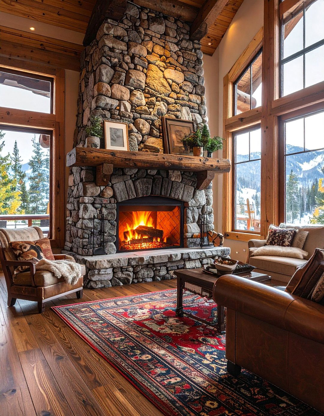 Rustic Ledgestone Stacked Stone Fireplace with a Timber Mantel - 25 Stunning Stacked Stone Fireplace Design Ideas