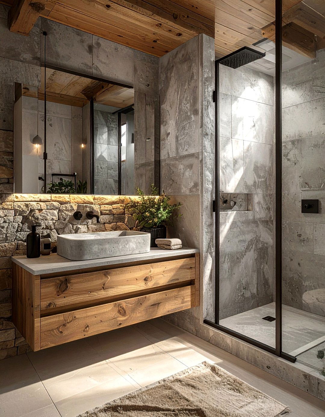 Rustic Walk in Shower Adjacent to a Trough Sink - 25 Rustic Walk-in Shower Ideas for a Cozy Bathroom