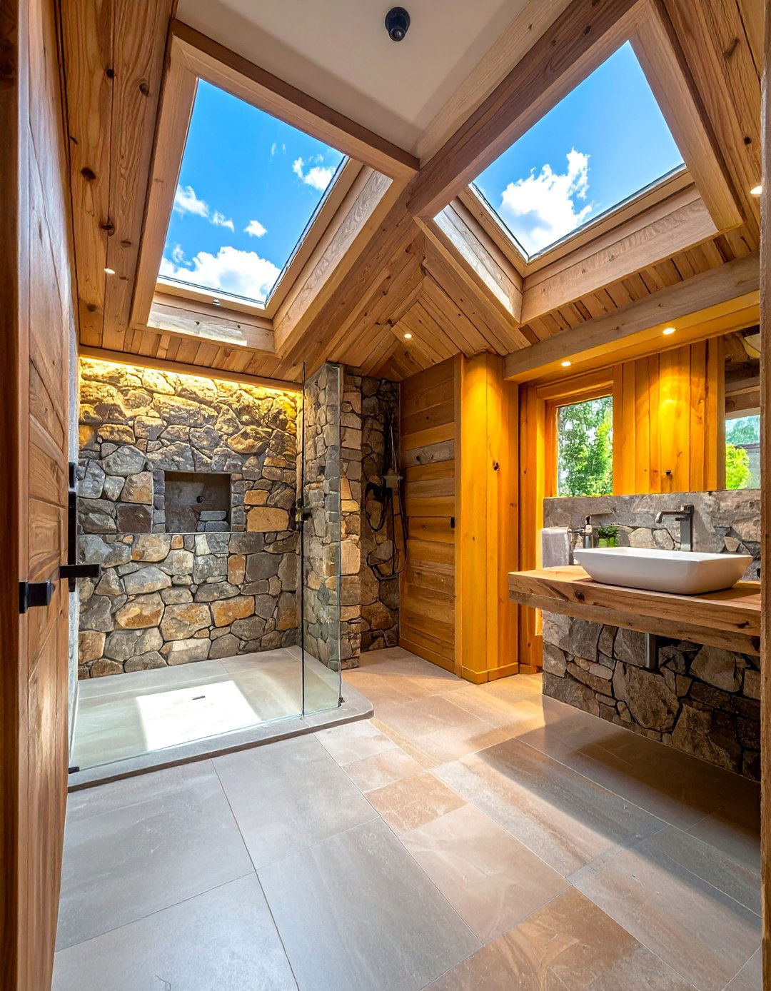 Rustic Walk in Shower Illuminated by a Skylight - 25 Rustic Walk-in Shower Ideas for a Cozy Bathroom