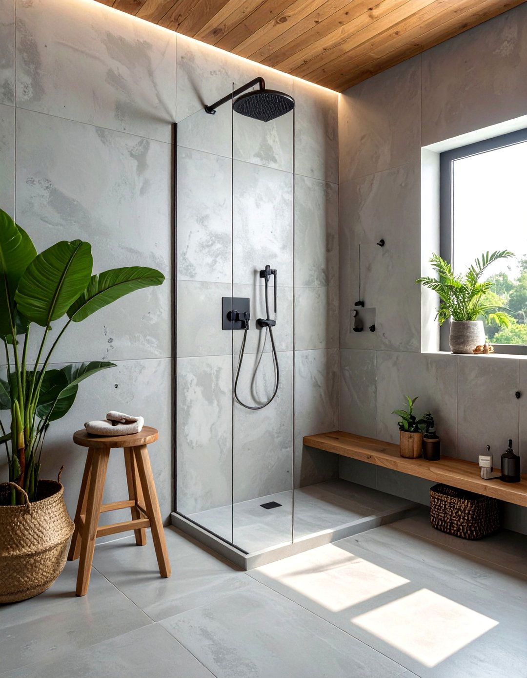Rustic Walk in Shower with Concrete Finish Walls - 25 Rustic Walk-in Shower Ideas for a Cozy Bathroom