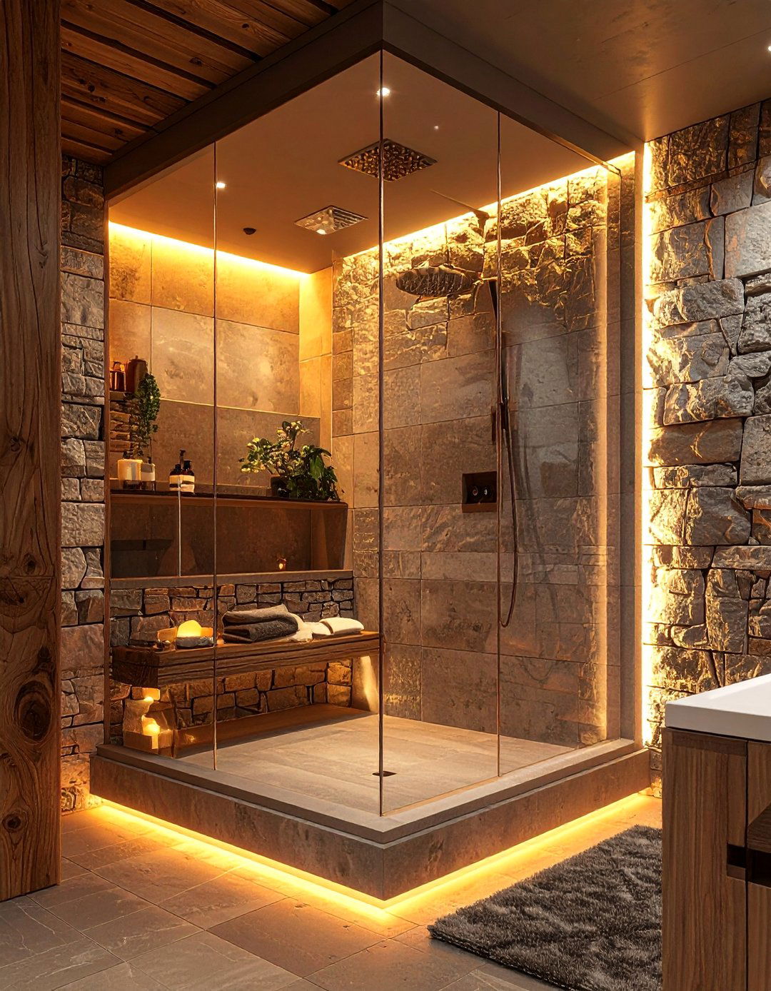 Rustic Walk in Shower with Integrated Waterproof Lighting - 25 Rustic Walk-in Shower Ideas for a Cozy Bathroom