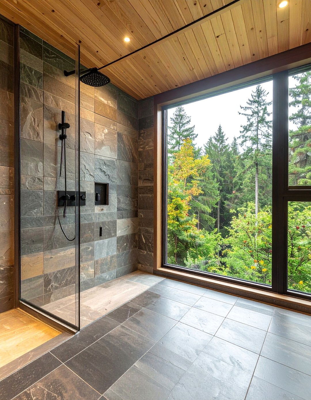 Rustic Walk in Shower with a Large Window View - 25 Rustic Walk-in Shower Ideas for a Cozy Bathroom