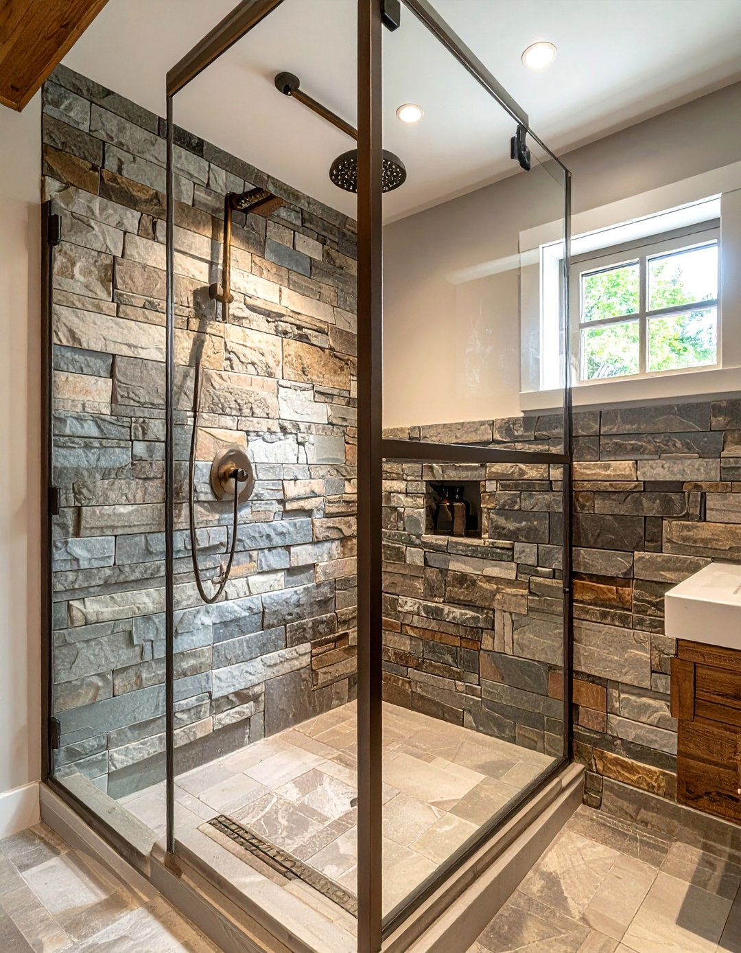 Rustic Walk in Shower with a Natural Stone Accent Wall - 25 Rustic Walk-in Shower Ideas for a Cozy Bathroom