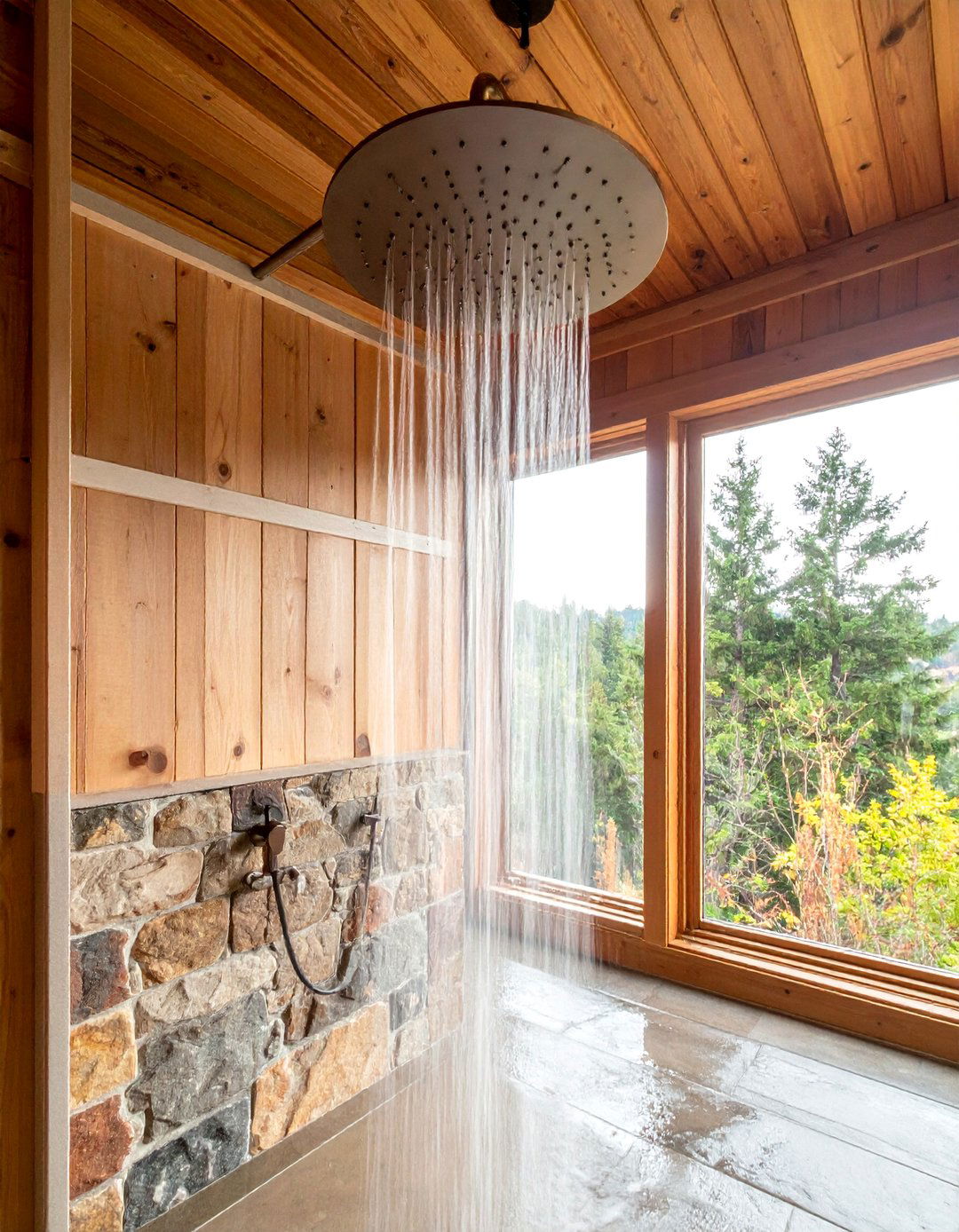 Rustic Walk in Shower with a Rainfall Shower Head - 25 Rustic Walk-in Shower Ideas for a Cozy Bathroom