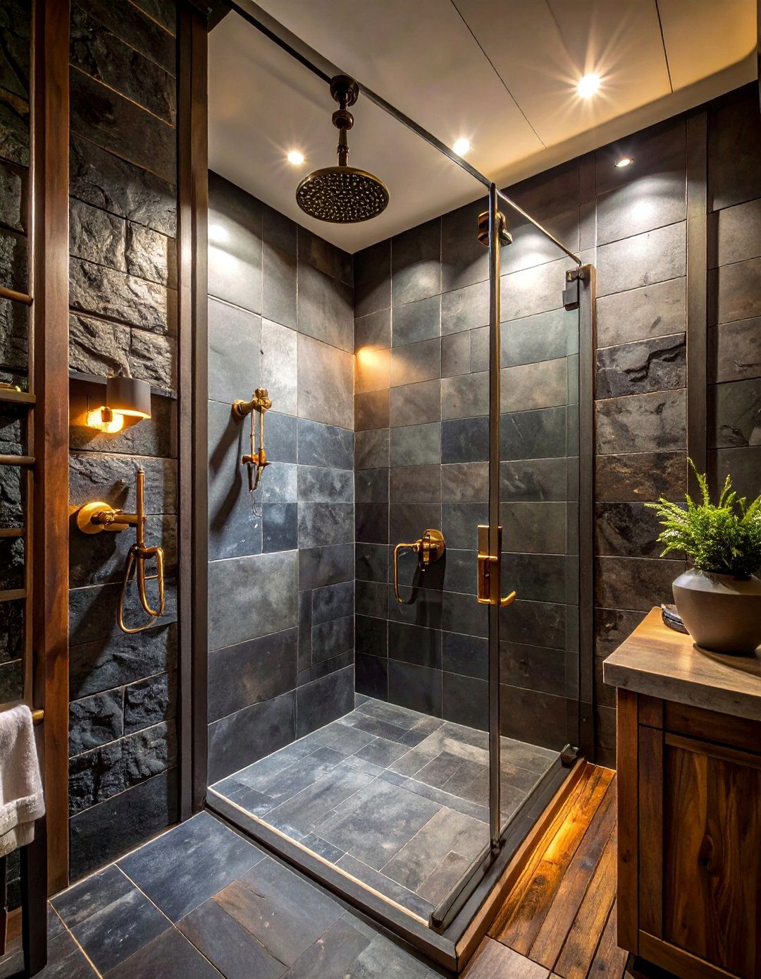 Rustic Walk in Shower with a Slate Tile Surround - 25 Rustic Walk-in Shower Ideas for a Cozy Bathroom