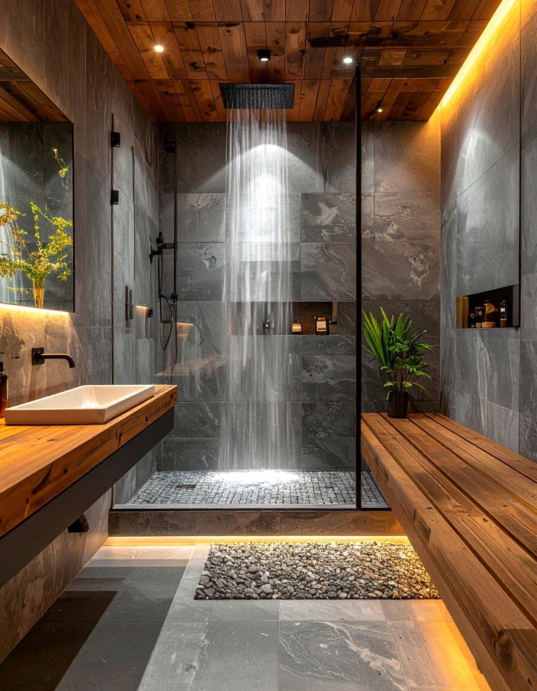 Rustic Walk in Shower with an Integrated Teak Wood Bench - 25 Rustic Walk-in Shower Ideas for a Cozy Bathroom