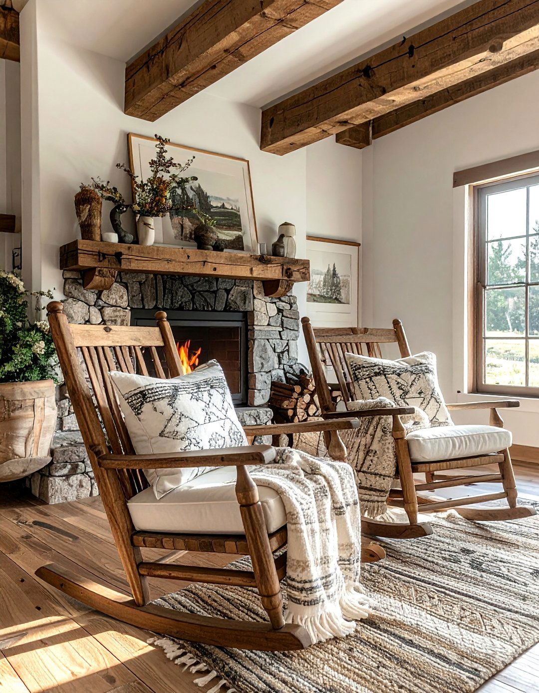 Rustic Wooden Rocking Chairs - 20 Cozy Chairs in Front of Fireplace Ideas for Your Home