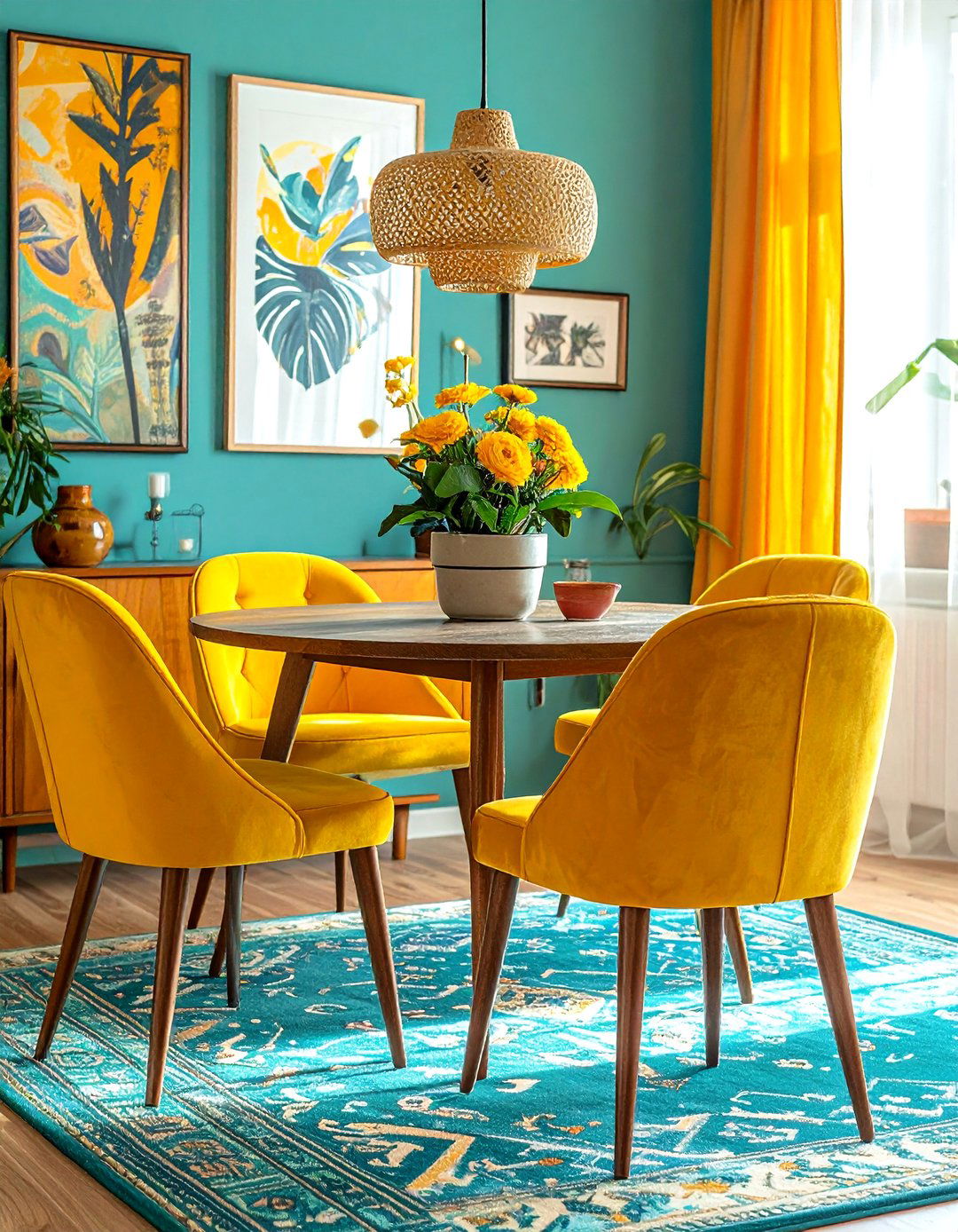 Saffron Yellow and Teal Dining Room Decor - 20 Yellow Dining Room Ideas for a Bright and Cheerful Space