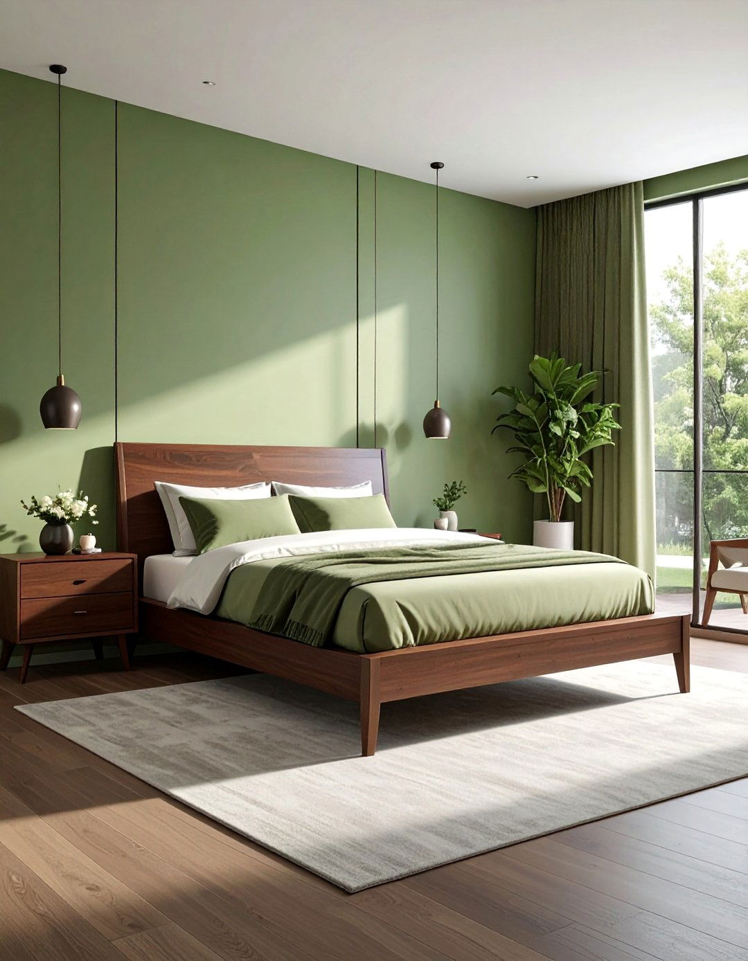 Sage Green Walls with Dark Wood Furniture - 20 Green and Brown Bedroom Ideas for a Natural Look