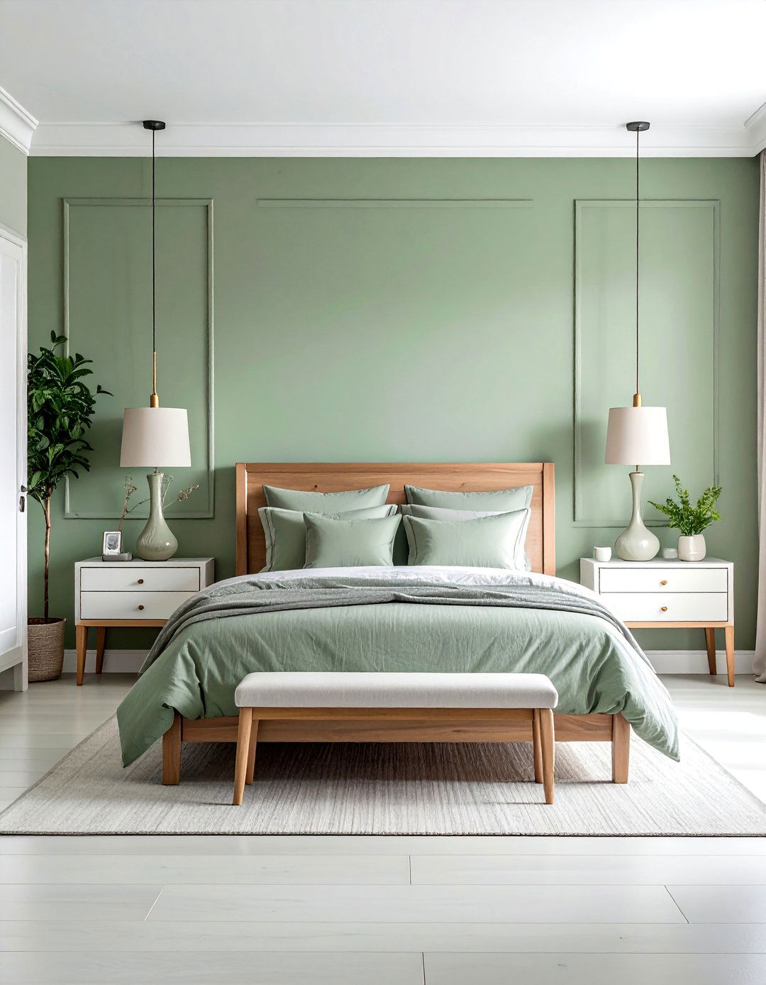 Sage Green Walls with Light Grey Bedding - 20 Green and Grey Bedroom Ideas for a Serene Retreat