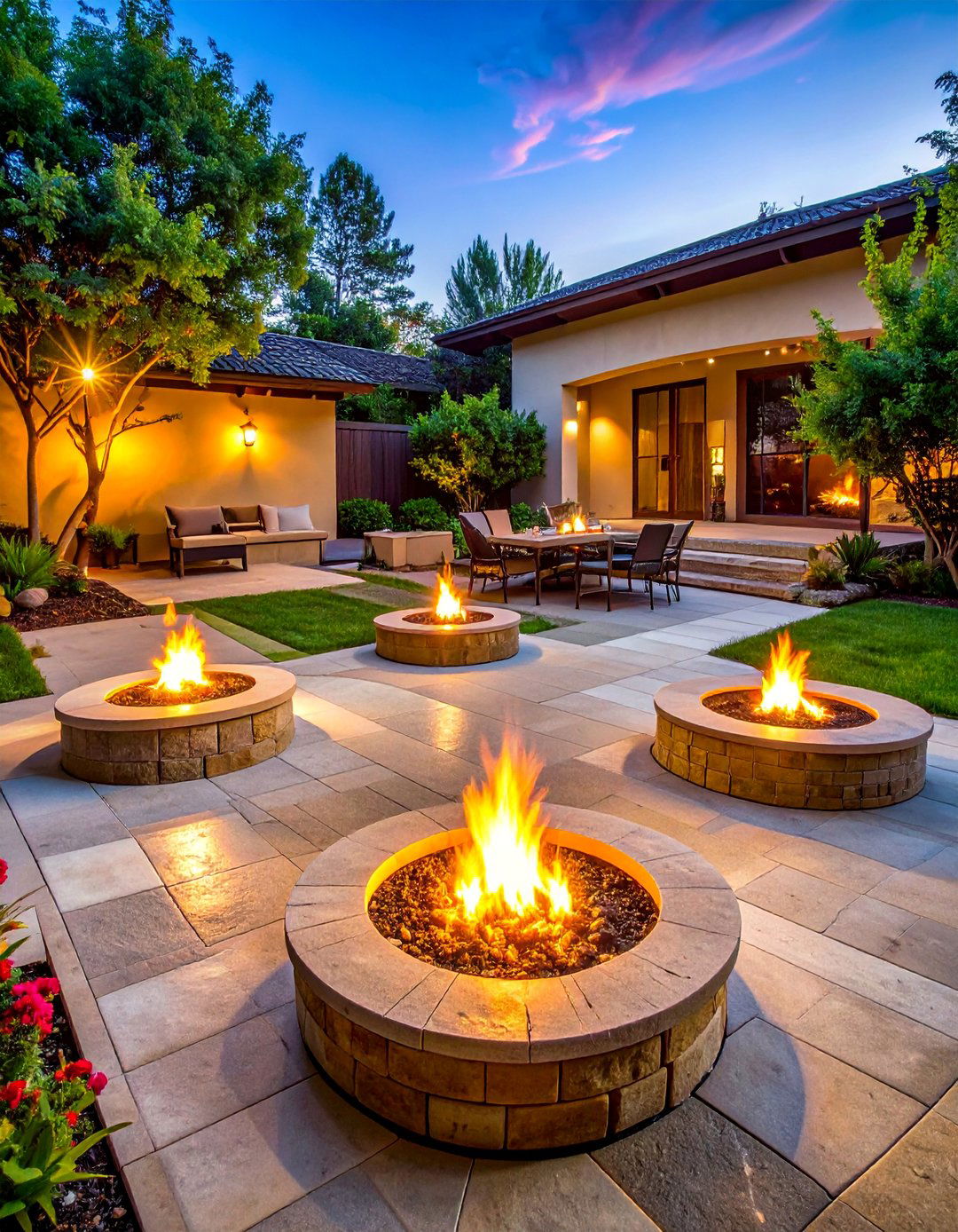 Sandstone Circles with Nested Fire Features - 25 Stone Patio with Fire Pit Ideas for Outdoor Fun