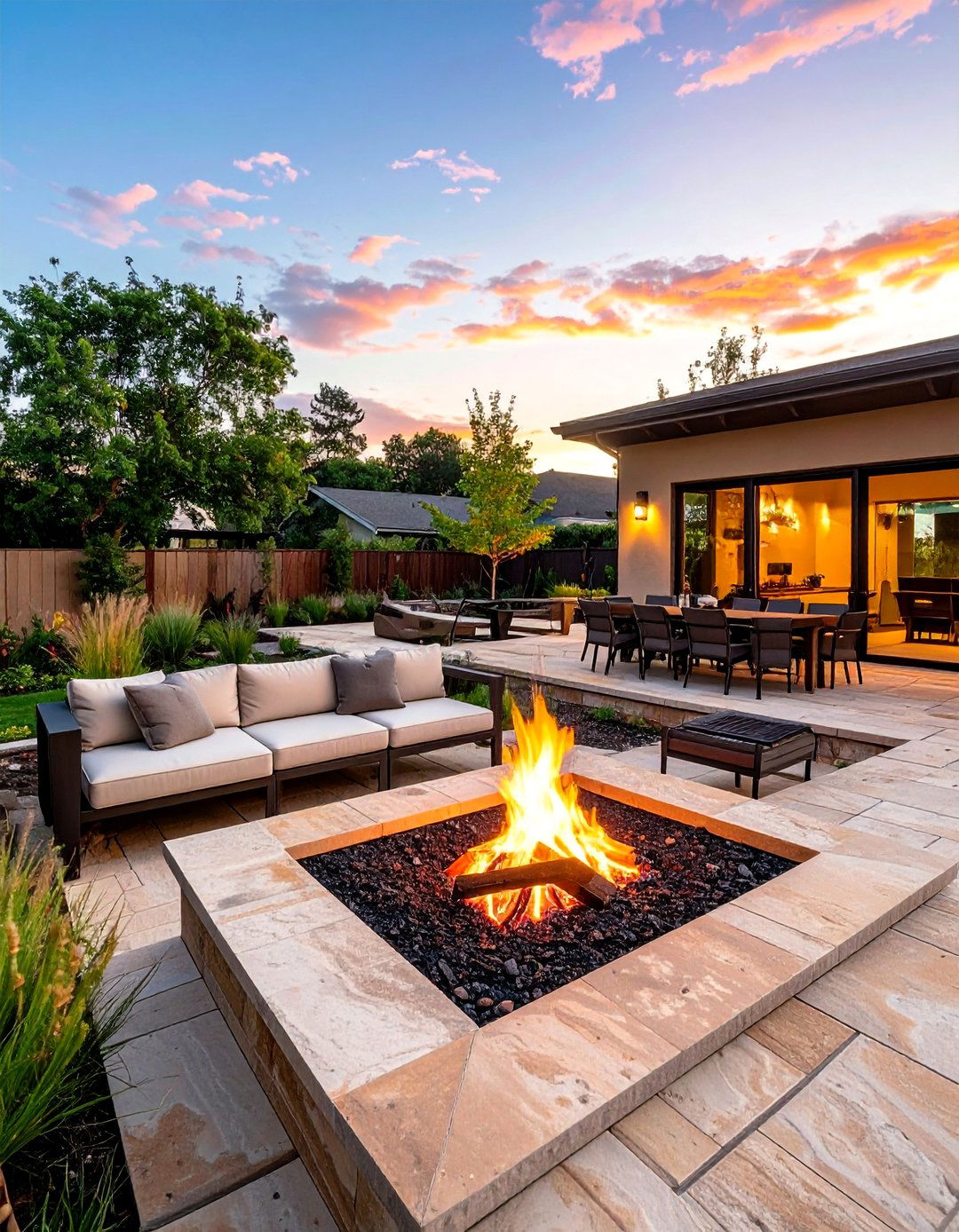Sandstone Patio with Sunken Fire Pit Area - 25 Stone Patio with Fire Pit Ideas for Outdoor Fun