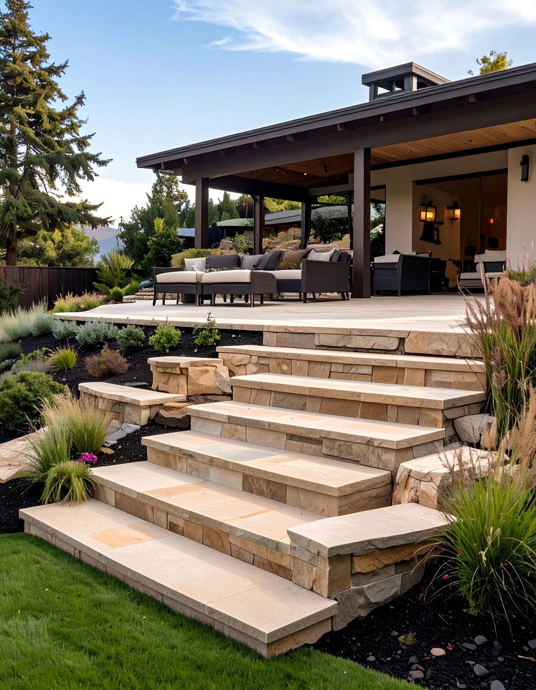 Sandstone Steps with Tiered Fire Plaza - 25 Stone Patio with Fire Pit Ideas for Outdoor Fun