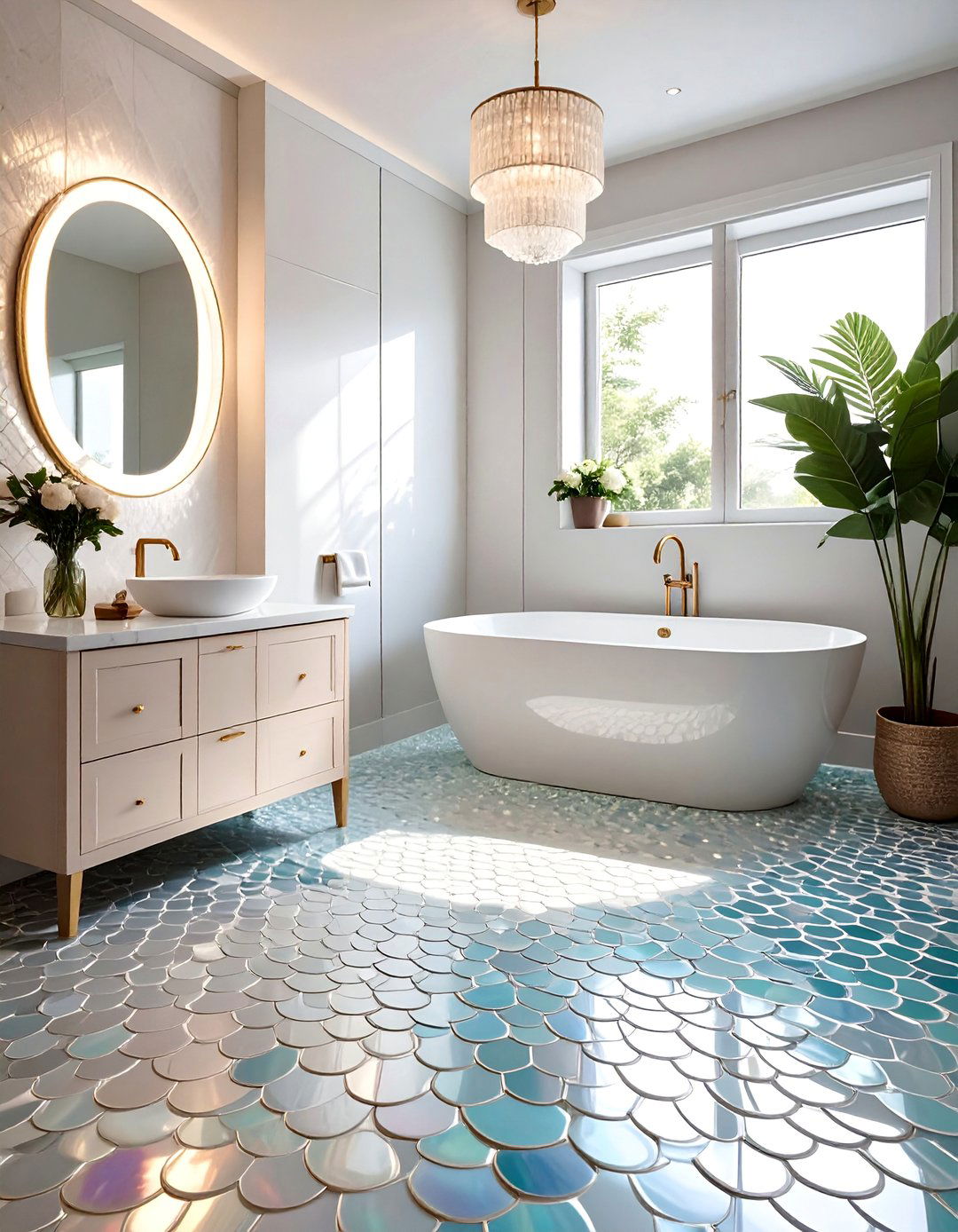 Scalloped Fish Scale Mosaic Floor - 20 Bathroom Mosaic Floor Tile Ideas for a Stunning Look
