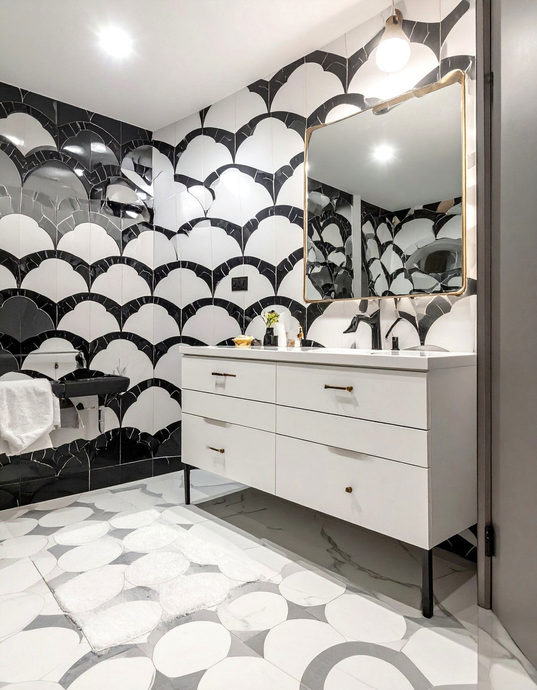 Scalloped or Fish Scale Black and White Bathroom Tile - 20 Black and White Bathroom Tile Ideas for a Sleek Look