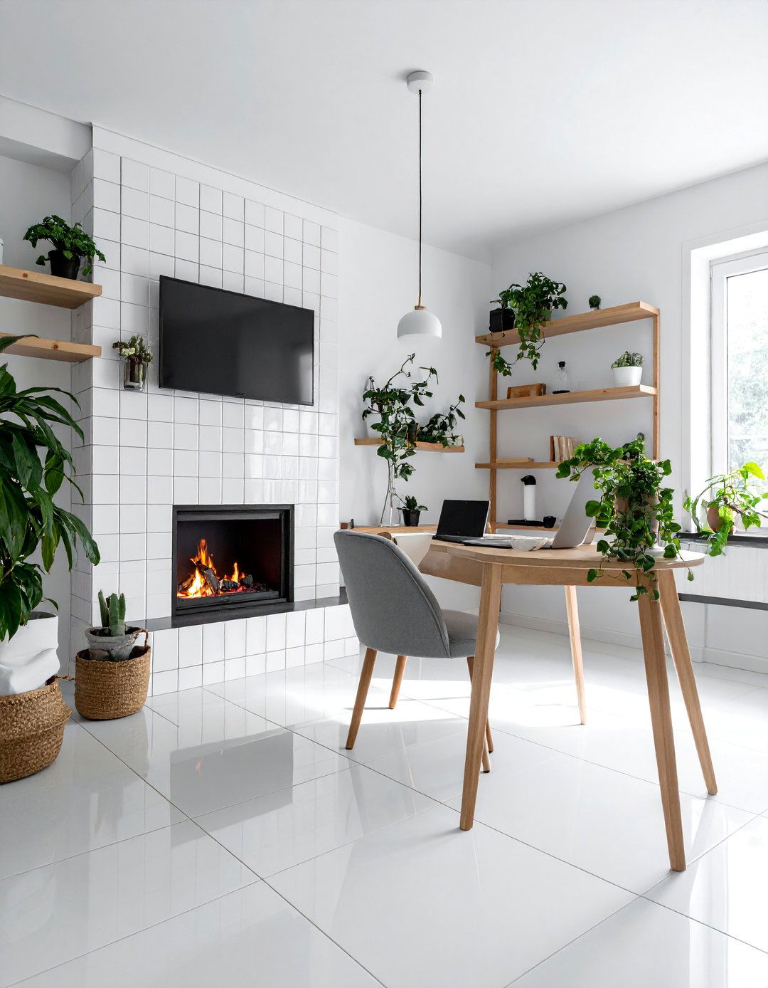 Scandinavian White Tile Corner Installation - 15 Home Offices With Fireplaces for Cozy Workspaces