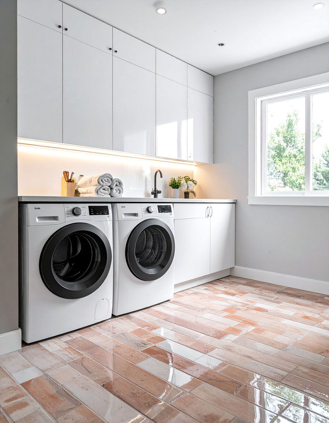 Sealed High Gloss Brick Floor Laundry Room - 15 Brick Floor Laundry Room Ideas for a Rustic Charm