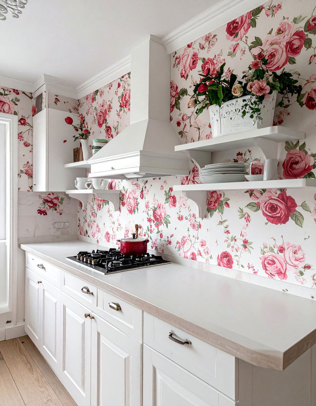 Shabby Chic Kitchen with Floral Wallpaper Accents - 15 Charming Shabby Chic Kitchen Ideas for Vintage Style