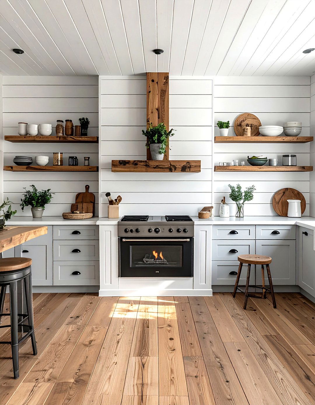 Shiplap Kitchen Fireplace Walls - 25 Kitchens With Fireplaces for Cozy Cooking Spaces