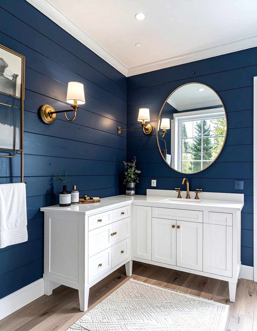 Shiplap Walls with Vintage Sconces - 15 Navy Blue Powder Room Ideas for a Chic Space