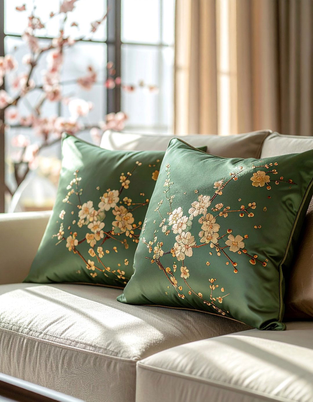 Silk Throw Pillows with Nature Motifs - 25 Asian Living Room Ideas for a Zen-Inspired Space