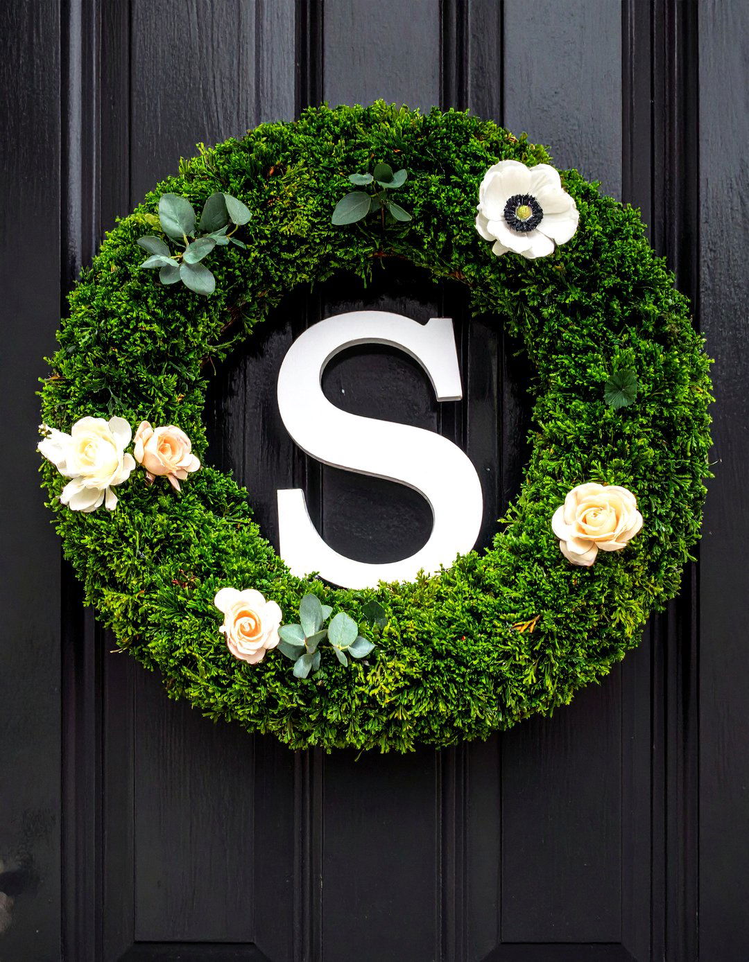 Simple Boxwood Wreath with a Monogram - 20 Summer Door Decoration Ideas to Welcome Guests
