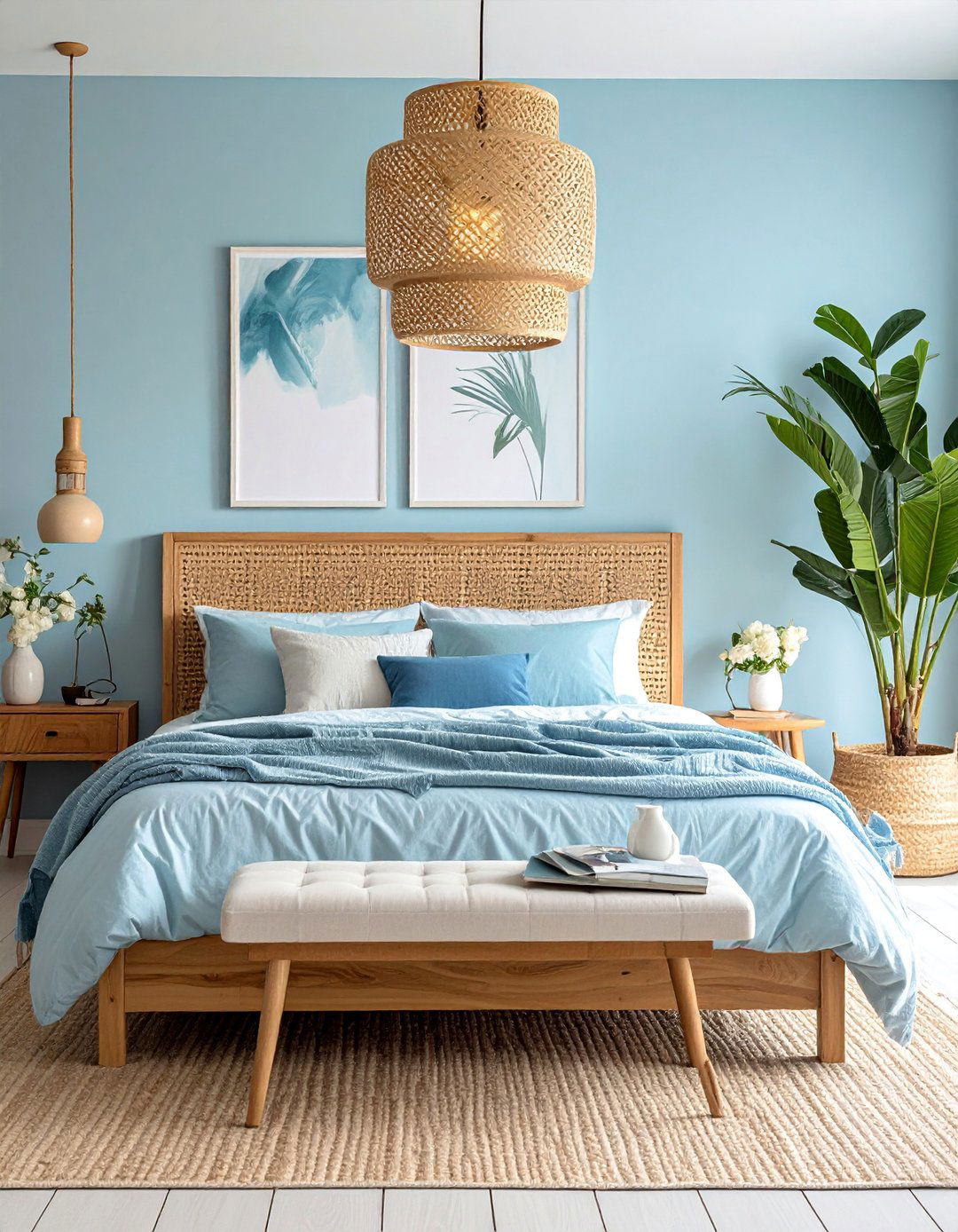 Sky Blue Walls with Natural Rattan Decor - 25 Luxury Blue Bedroom Ideas for a Serene Retreat