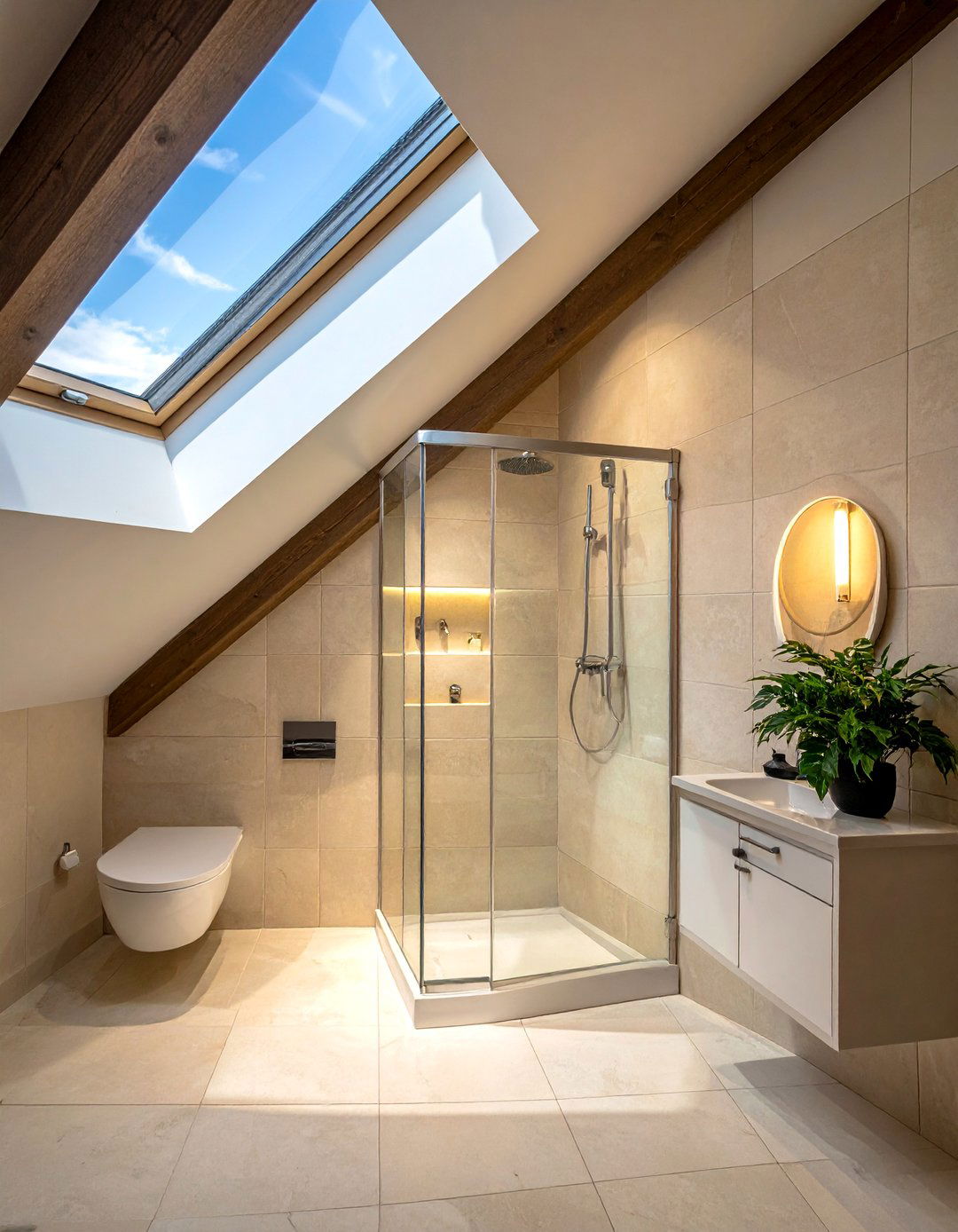 Skylight Shower Sanctuary - 15 Creative Sloped Ceiling Attic Bathroom Ideas