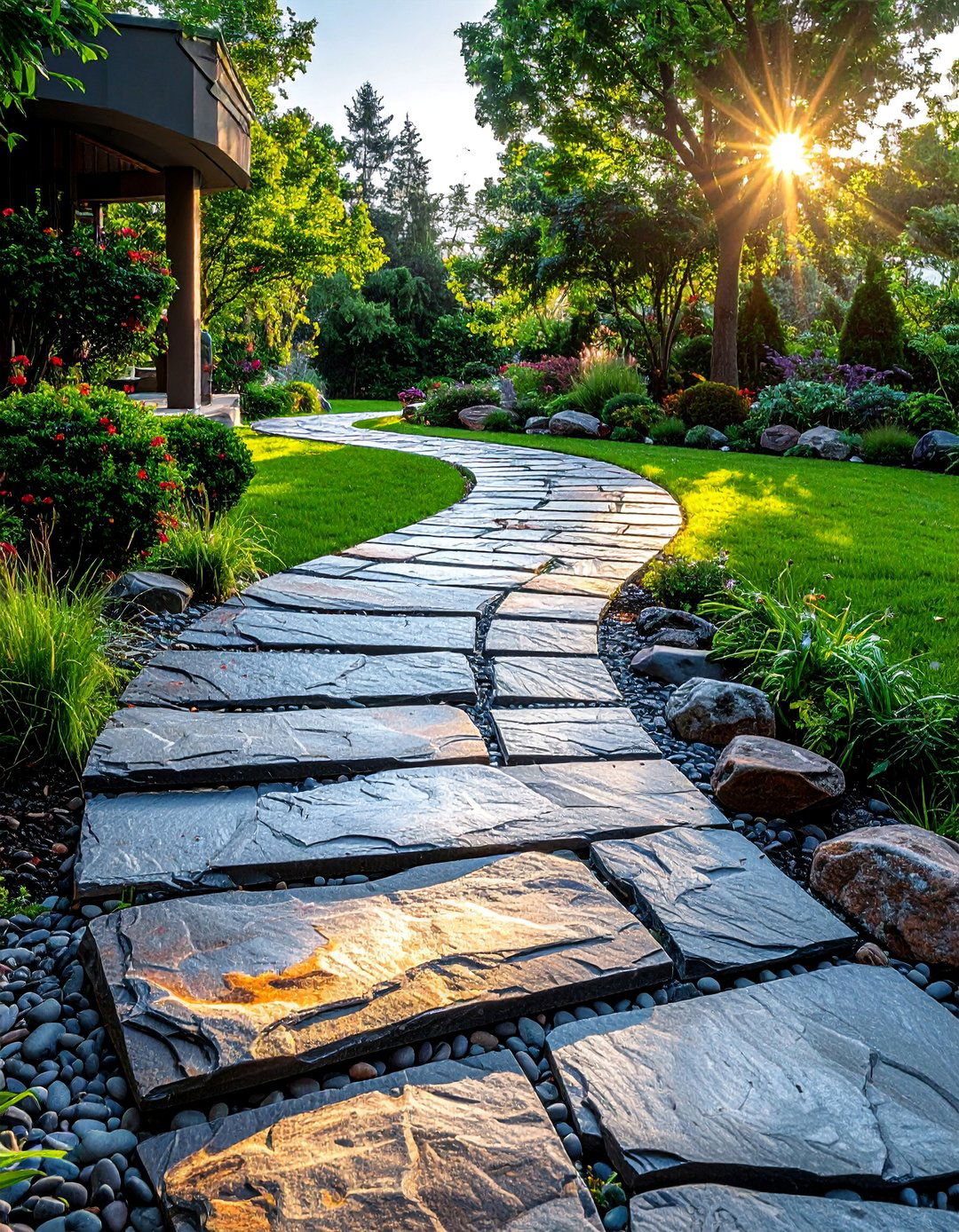 Slate Curved Walkways with Varied Sizes - 25 Curved Walkway Ideas for a Unique Outdoor Space