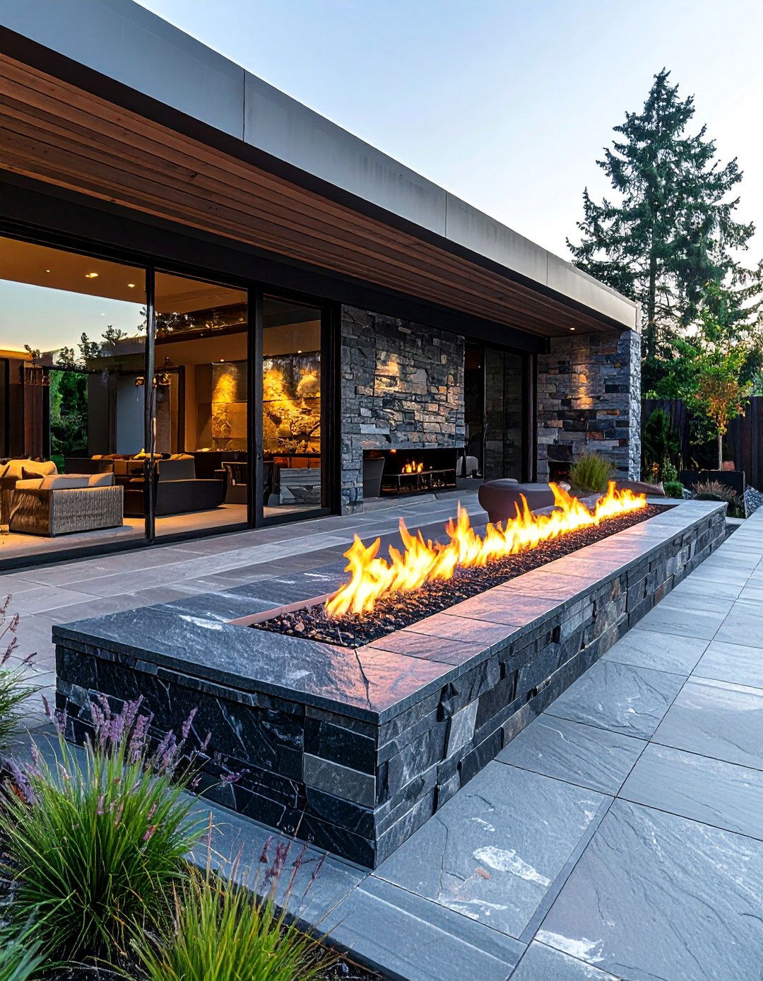 Slate Mosaic with Linear Fire Trench - 25 Stone Patio with Fire Pit Ideas for Outdoor Fun