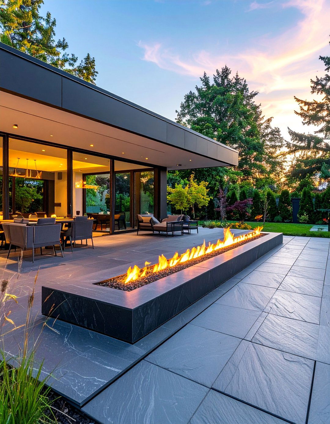 Slate Patio with Modern Linear Fire Feature - 25 Stone Patio with Fire Pit Ideas for Outdoor Fun