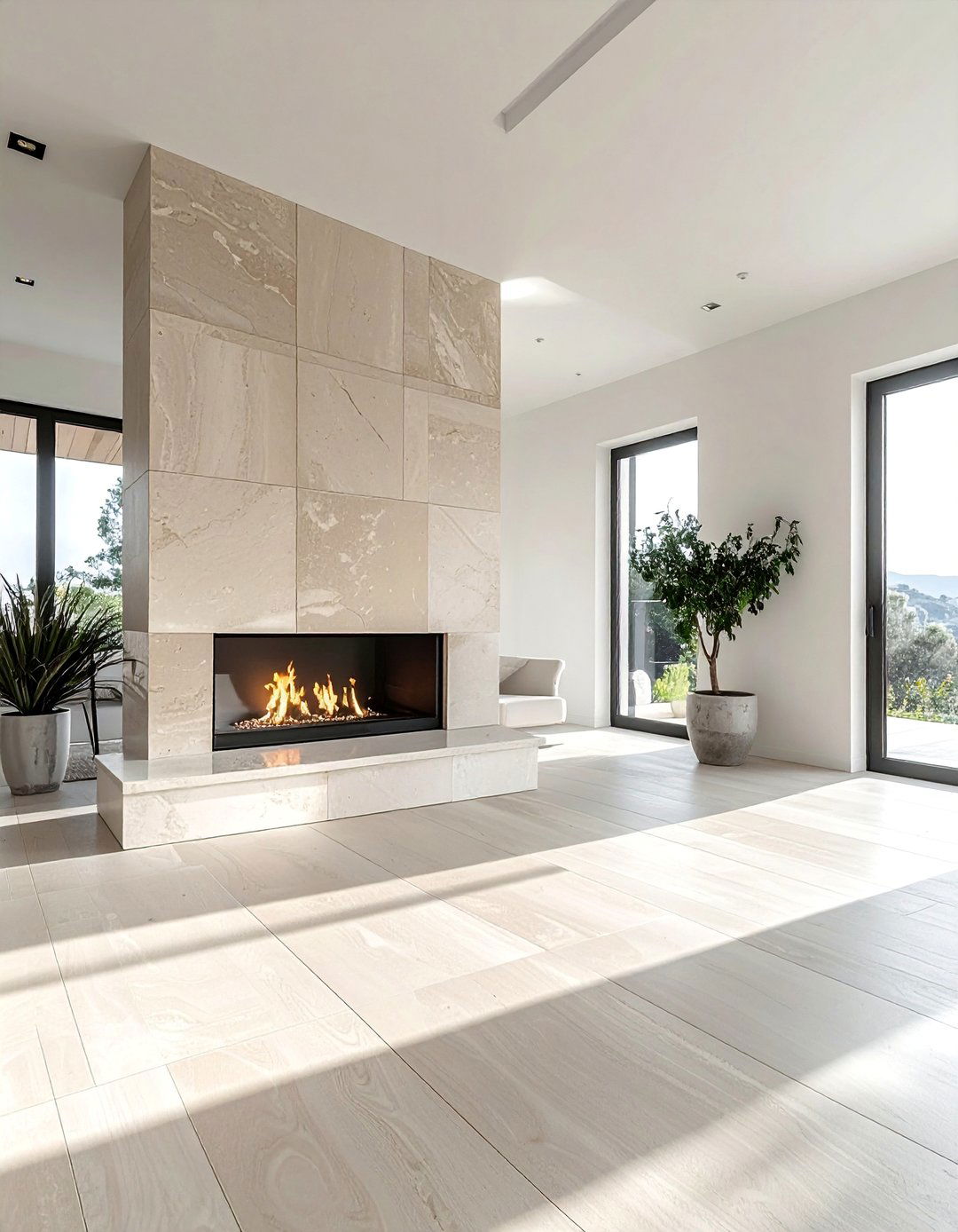 Sleek Limestone Floor to Ceiling Stone Fireplace - 20 Floor-to-Ceiling Stone Fireplace Ideas for a Stunning Focal Point